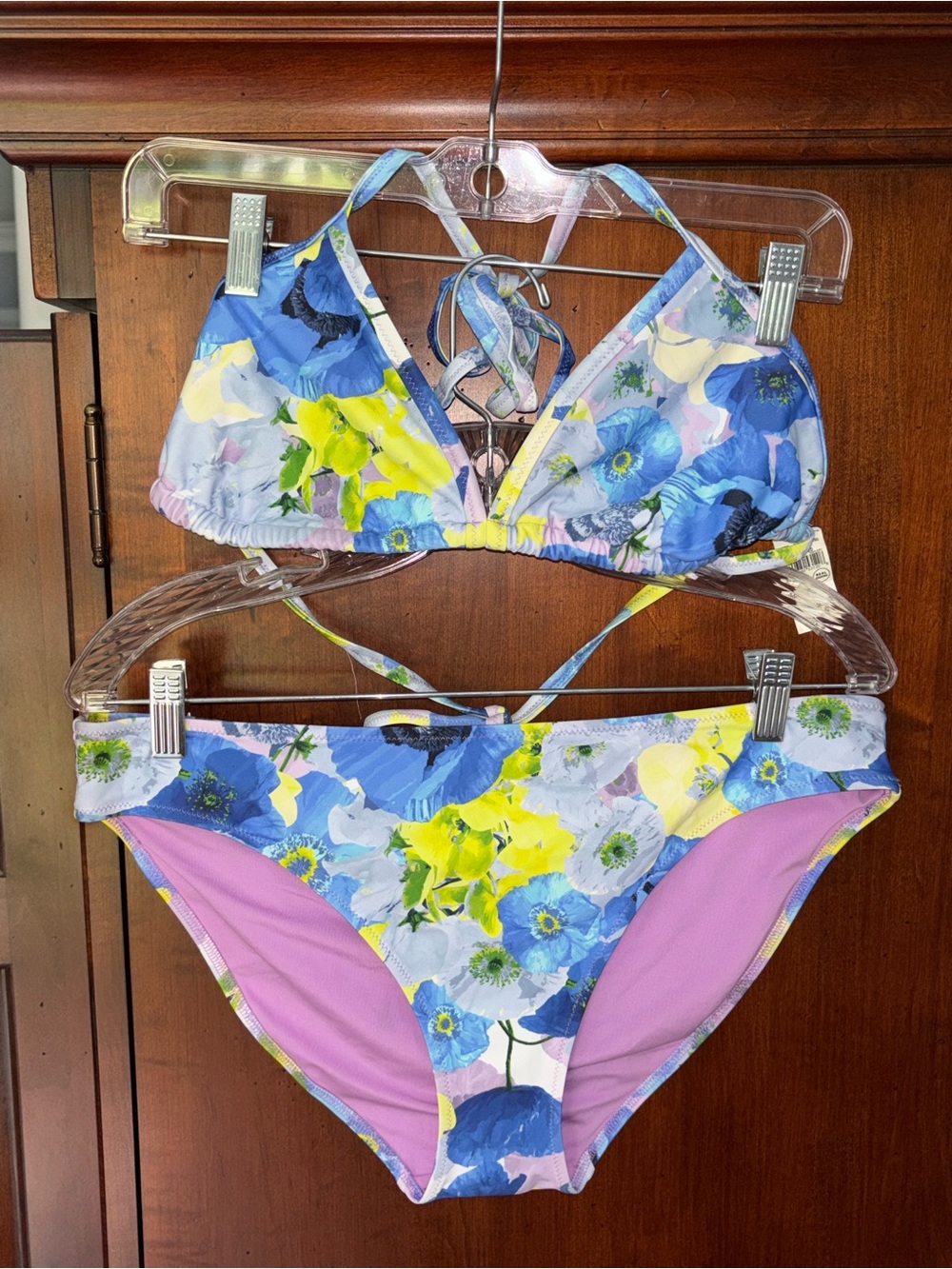 Aerie Bikini Set, Floral Triangle String Tie Top/Full Coverage Bottoms